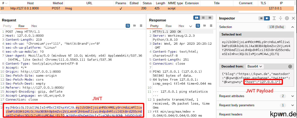 Screenshot of Burp Suite's proxy history, showing a request with a JWT in the body. The Inspector of Burp decodes the payload automatically and shows that the payload contains "host":"127.0.0.1"