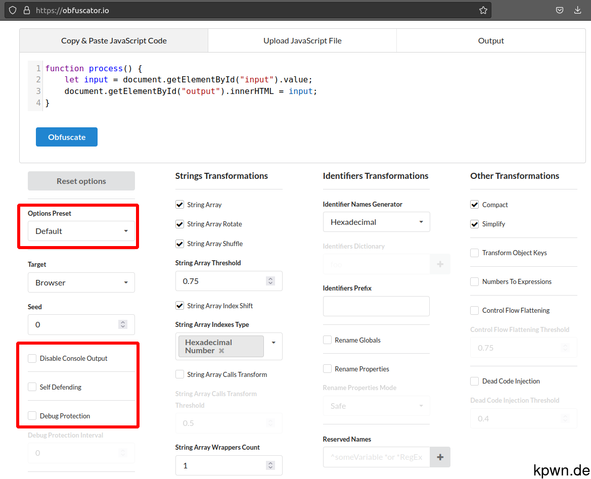 Screenshot of obfuscator.io highlighting the options preset "Default" and the three protection measures.