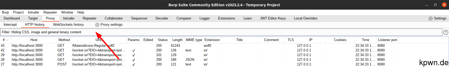 Within Burp Suite's Proxy HTTP history, click the Filter bar at the top of the GUI.
