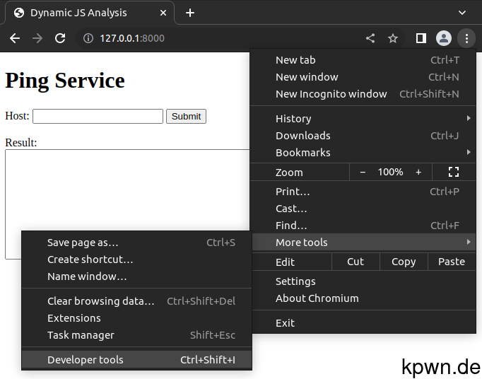 Screenshot of Chromium menu. Press the main menu, "More tools" and "Developer tools".