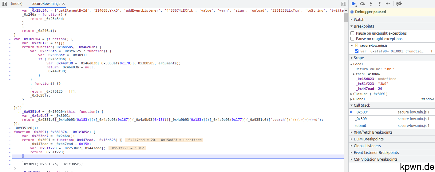 The return value is "JWS" as shown by the JavaScript debugger.