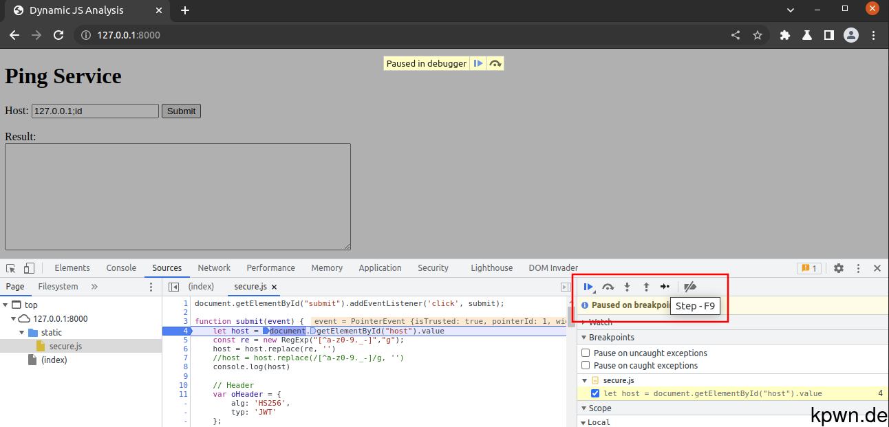 The browser that has stopped the JavaScript execution. The "Step" button is hovered.