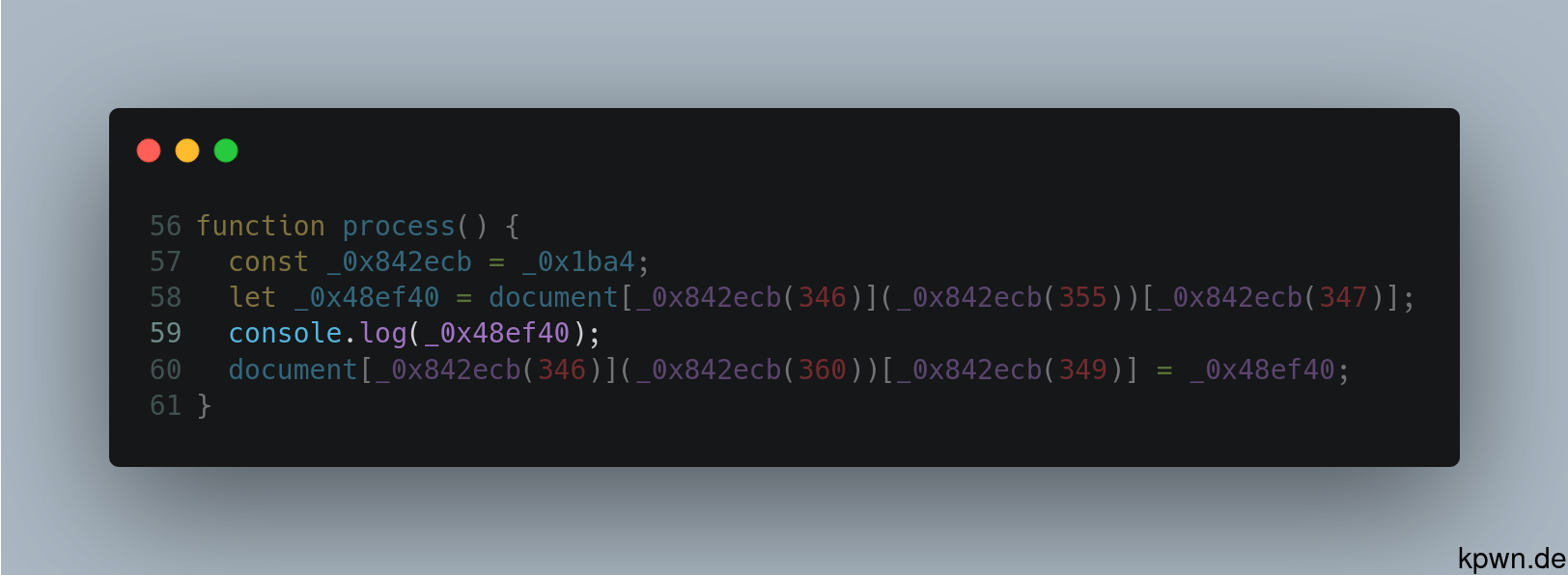 Screenshot of the obfuscated code of the application but between reading the input and writing it to the DOM I have added a console.log() statement.