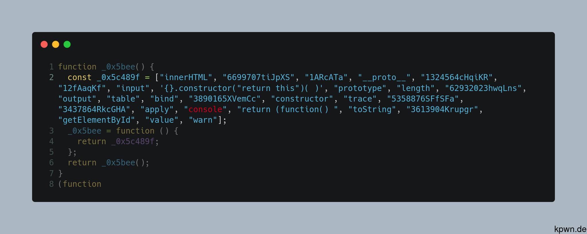 Screenshot of the packed array, containing all JavaScript symbols of the application, like innerHTML and getElementById. The symbol "console" is highlighted.