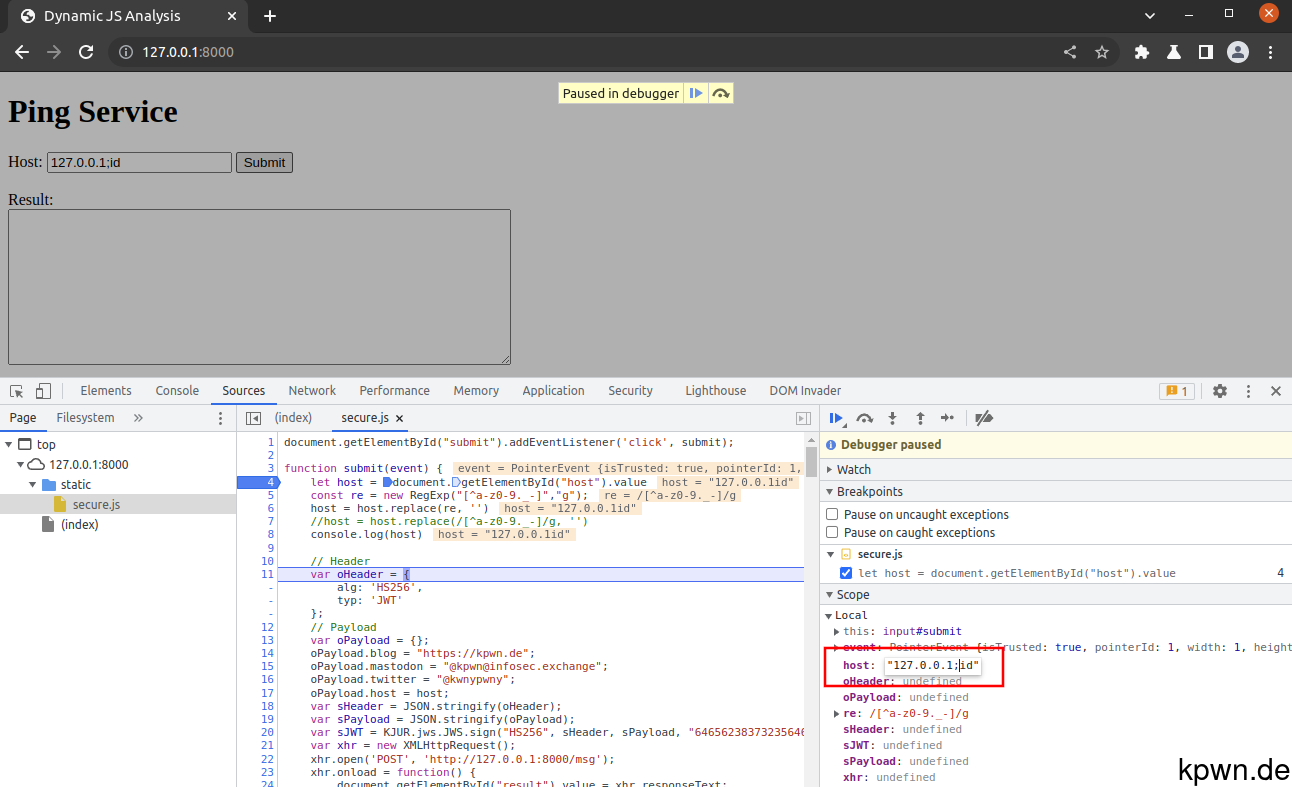 Screenshot of the browser. In the developer tools toolbar within the "Scope" section, the host value is being edited back to "127.0.0.1;id".