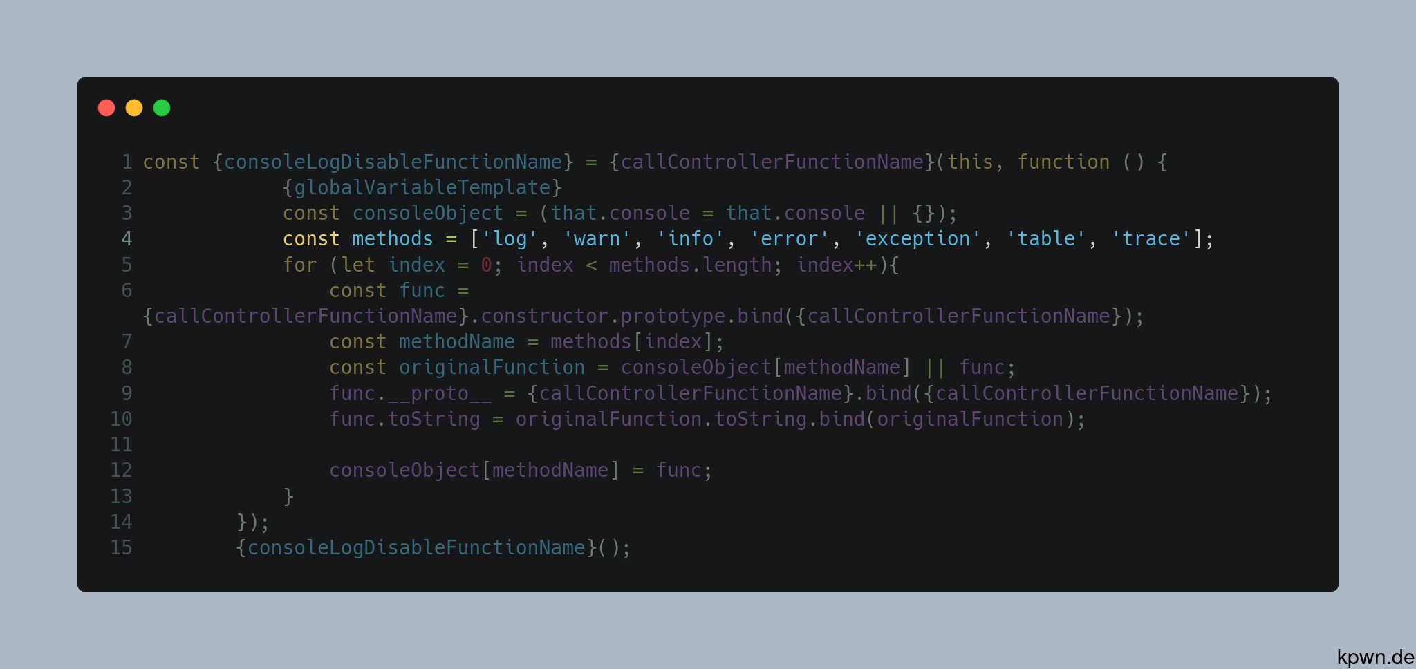 Screenshot of the source code. The line with the functions is highlighted.