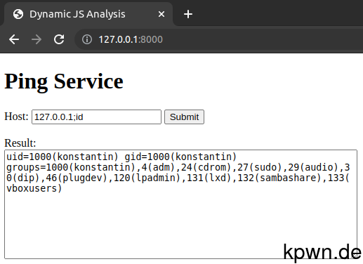 The result of the ping service is the output of the Linux id command: "uid=1000(konstantin) ..."