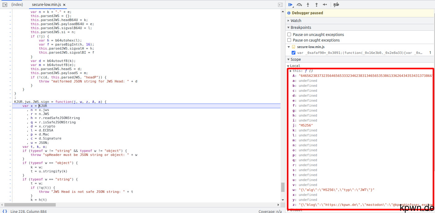The next step in the execution is the calculation of the signature. The function has the name KJUR.jws.JWS.sign and the passed parameters are observable in the Scope window again.