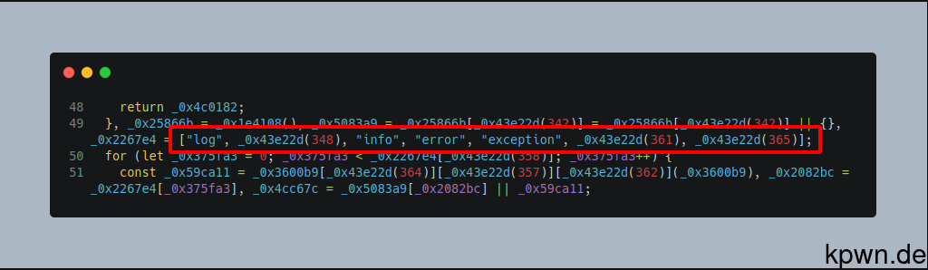 The packed array within the obfuscated code is identifiable as it contains the entries "info", "error", "exception" among some other obfuscated entries.
