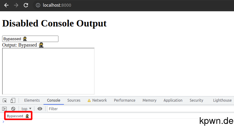 Screenshot of the demo application showing that the console printed the value "Bypassed 🥷"