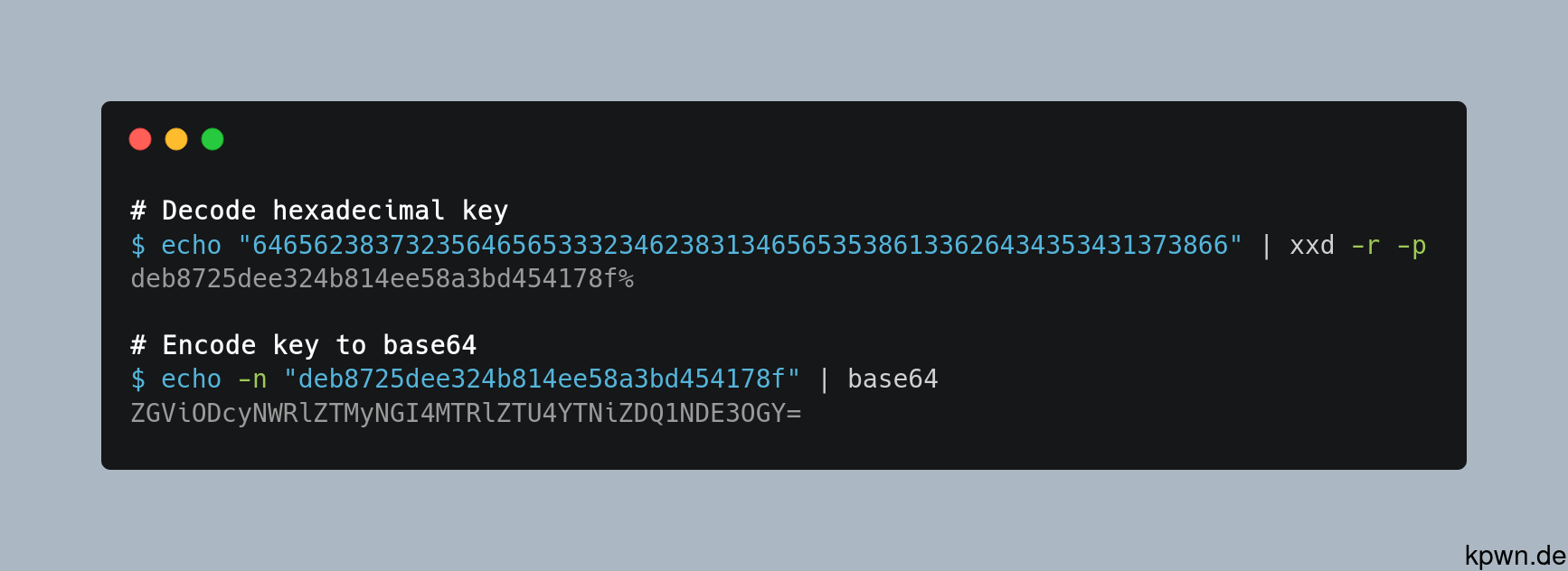 Code showing how to decode hex: echo "646562..." | xxd -r -p; Afterwards the result is encoded to base64 with echo -n "deb872..." | base64;