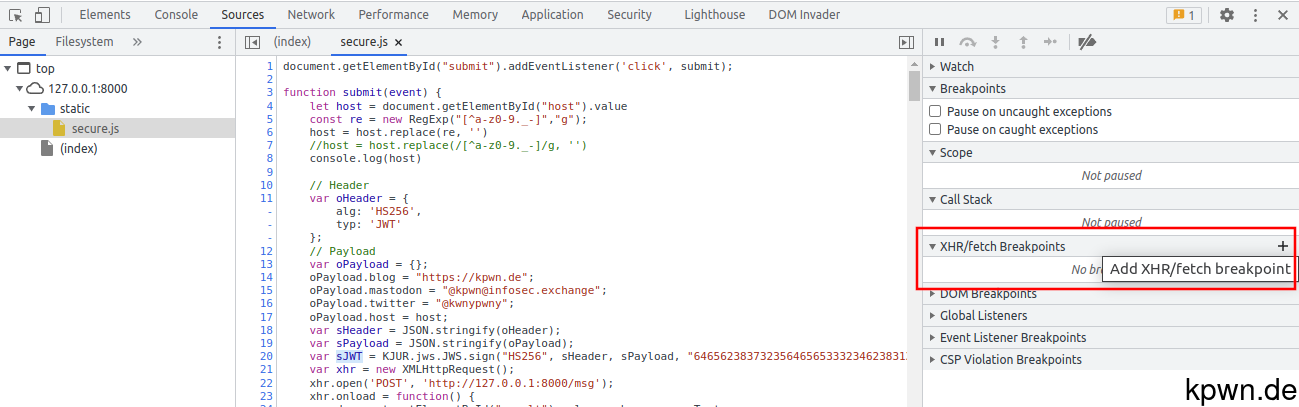 Developer tools with highlight on the add XHR/fetch Breakpoints section.