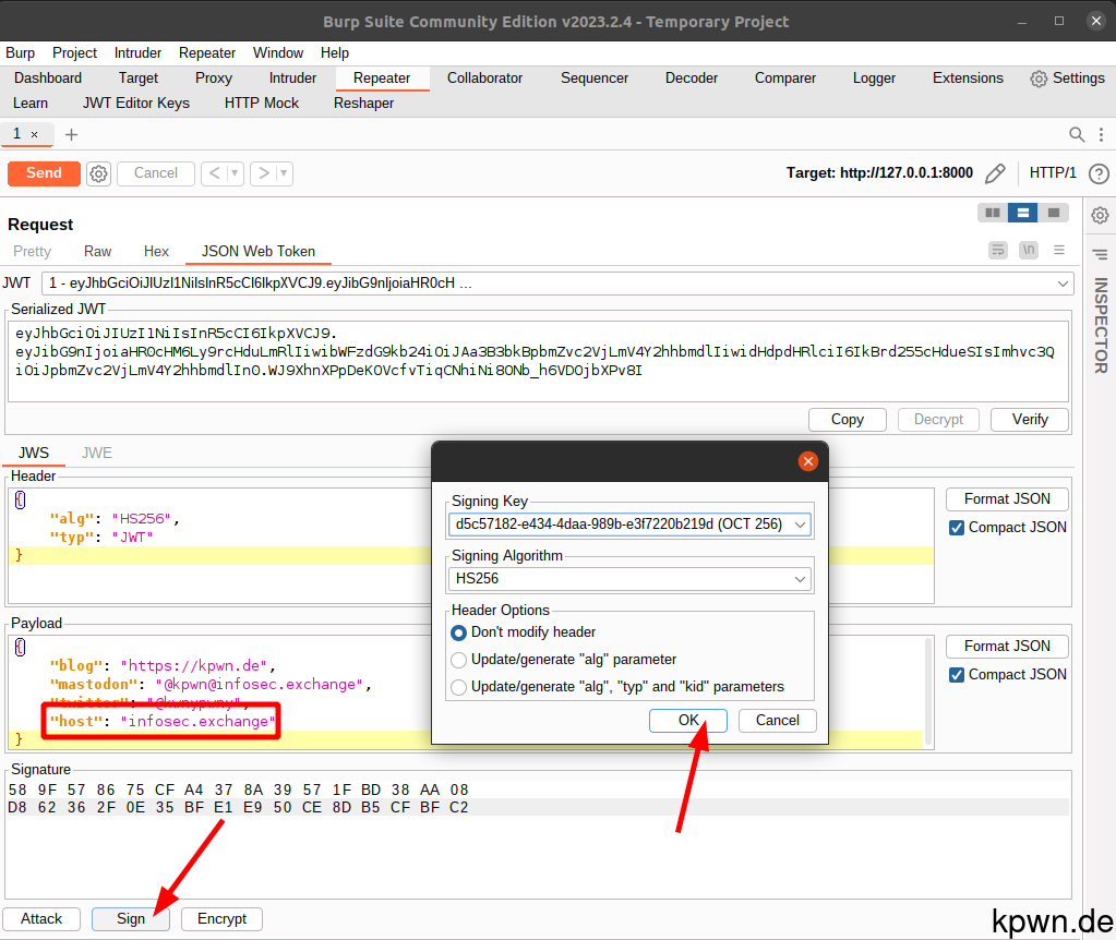 Screenshot from the Repeater's JSON Web Token tab highlighting the updated host name and the buttons to be clicked.