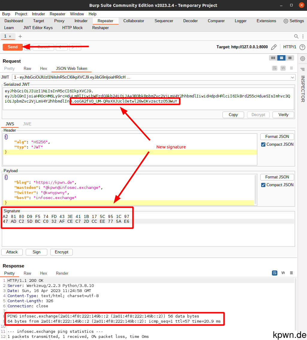 Screenshot showing the updated signature and the resulting output from ping after sending the request.