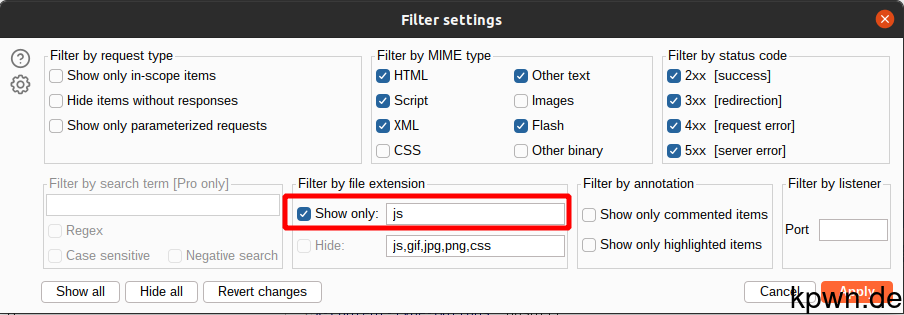 Under "Filter by file extension" choose "Show only" js.