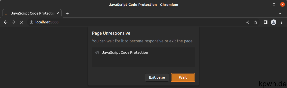 Screenshot of Chromium with a popup stating that the page is unresponsive.