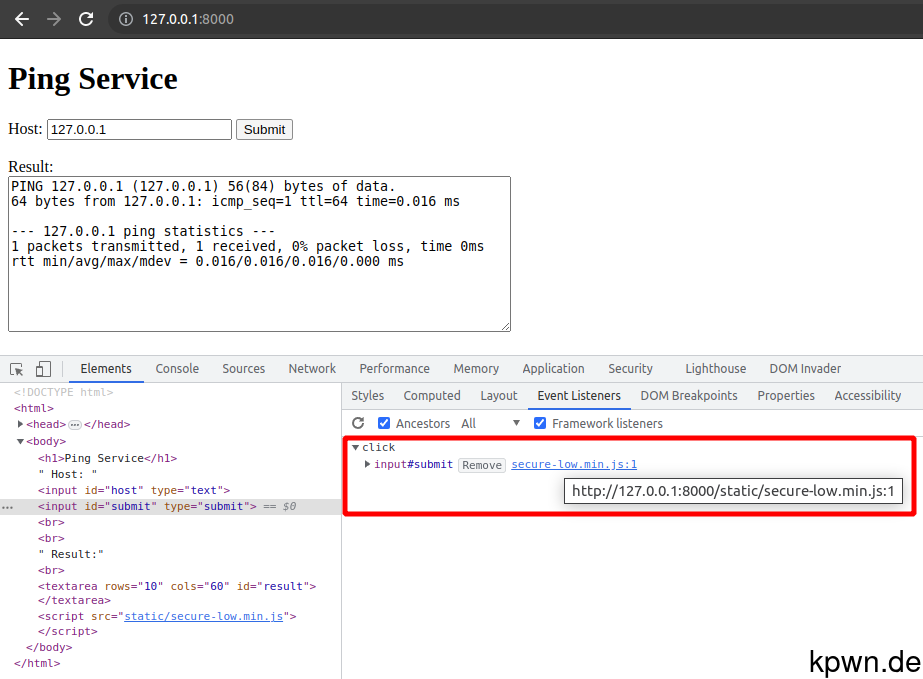 Screenshot of the developer tools showing an event listener with a link to secure-low.min.js