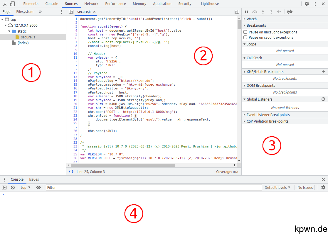 Screenshot of the Chromium developer tools with labels in the parts described above.