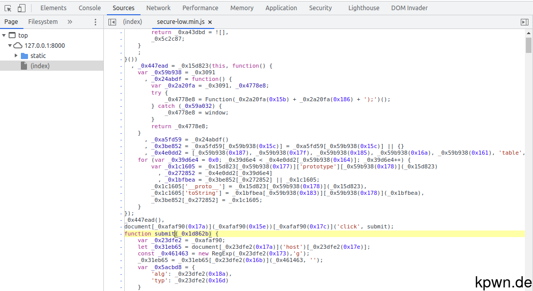 Screenshot of the developer tools, showing the JavaScript code and highlighting the line of the listener function, which is called submit.
