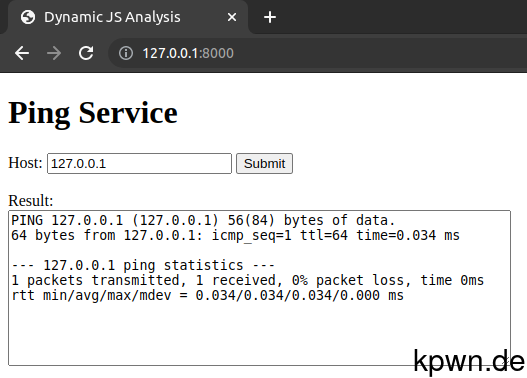 Screenshot of the ping service. 127.0.0.1 was entered into the host field and the result is the output of a Linux ping command for that host.