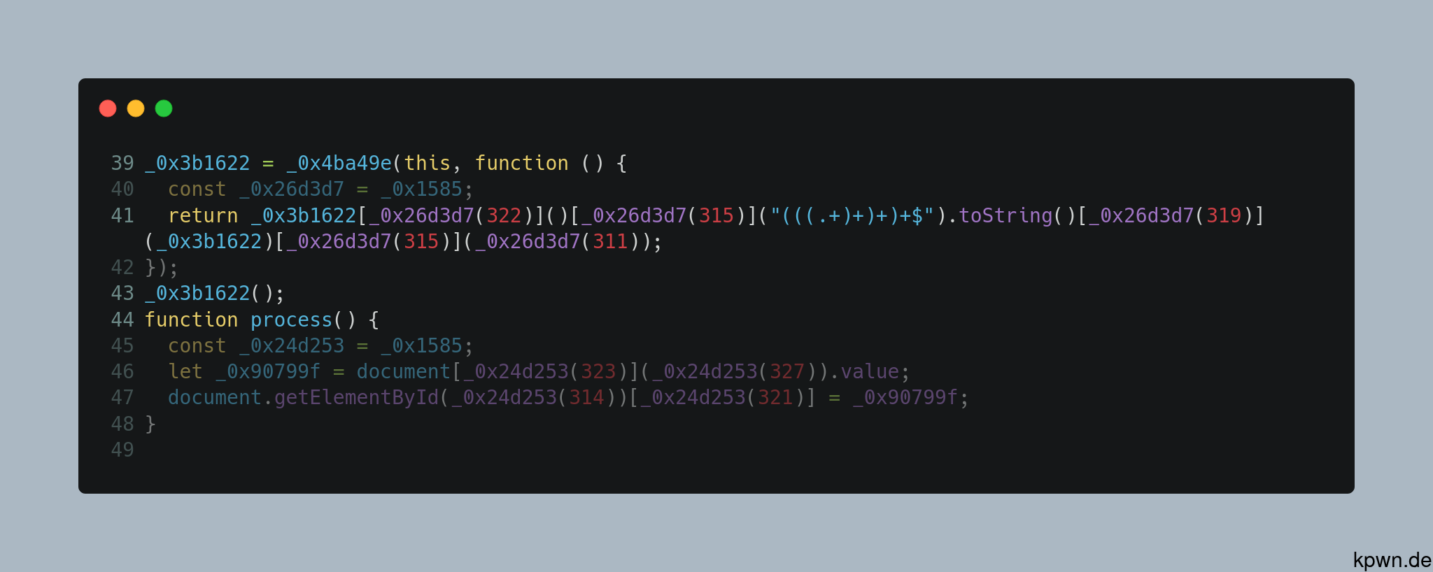 Line 41 of the obfuscated source code. The string "(((.+)+)+)+$" sticks out between the obfuscated hexadecimal variable names.