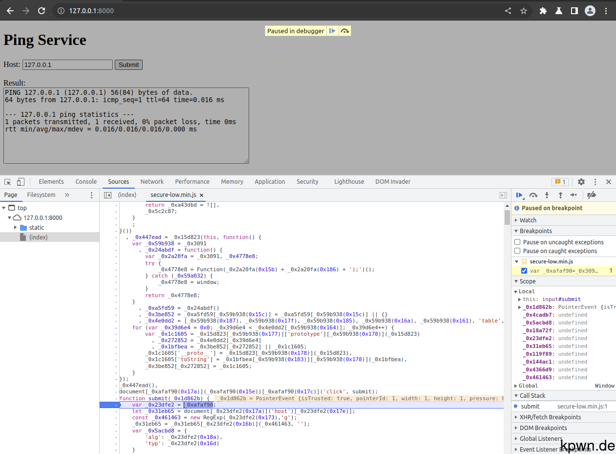 Screenshot of the developer tools, where the JavaScript execution paused on the breakpoint.