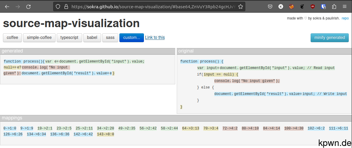 Screenshot of a source map visualizer. It highlights code in the original and the minified file in the same color.
