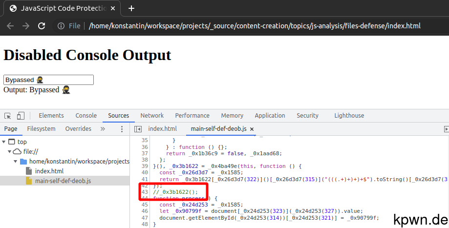 Screenshot of Chromium loading the page. The developer tools are opened and Line 43 is highlighted, which calls the function with the catastrophic backtracking.