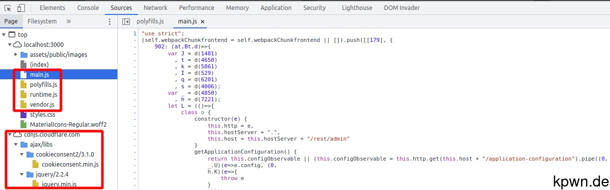 The "Sources" tab of the developer tools in Chromium list JavaScript files used by the web application.