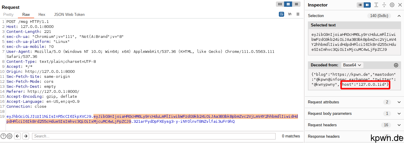 Screenshot of Burp Suite Request again. The host value now is "127.0.0.1id" without the semicolon.