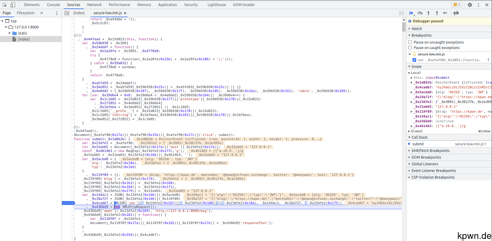 The developer tools display the contents of variables next to the JavaScript statements using that variables. The JWT starts with the characters "ey".