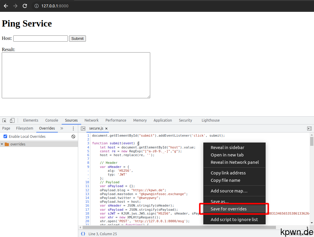 Screenshot of the context menu to save sources for overrides.