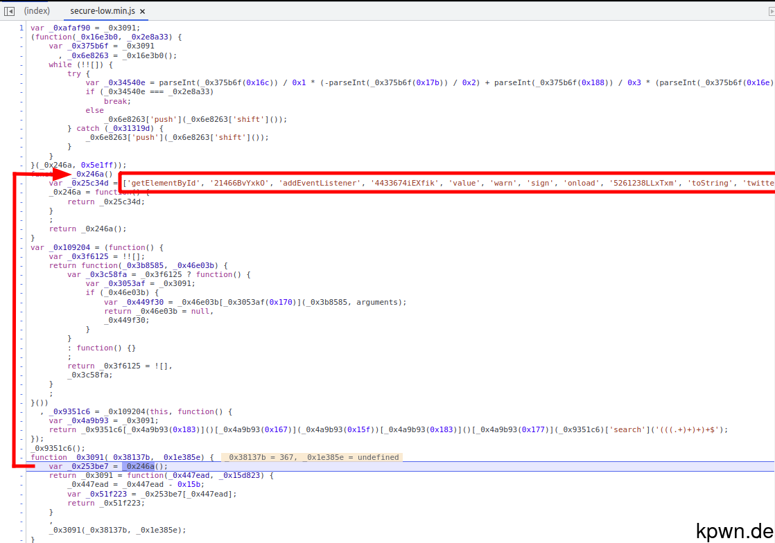 There is a long array of strings inside the obfuscated code. These strings contain identifiers that are known from JavaScript, like "getElementById".