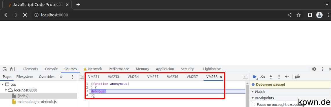 Screenshot of Chromium calling the debugger in an endless loop. This opens tabs VM231, VM233, ... in the developer tools.
