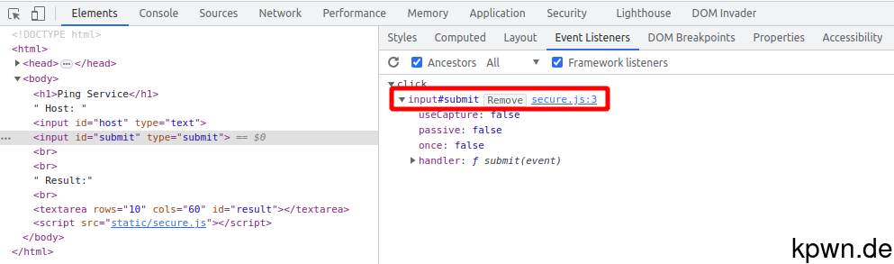 Screenshot of the developer tools, showing the event listener described above.