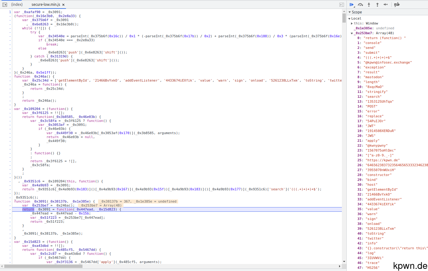 The Scope section on the right shows an array with 48 entries.
