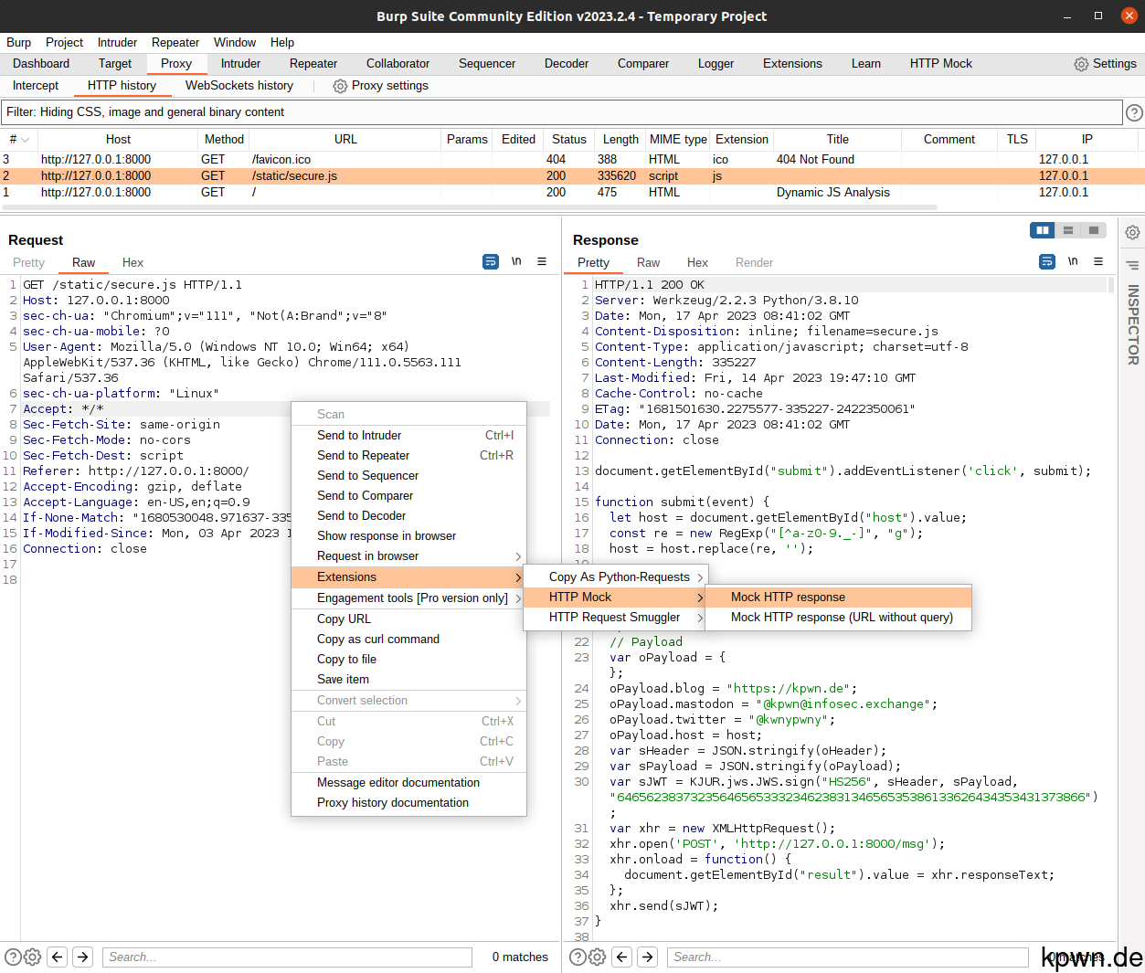 Screenshot from Burp Suite showing how to send a request to the HTTP Mock extension: Right click, Extensions, HTTP Mock, Mock HTTP response.
