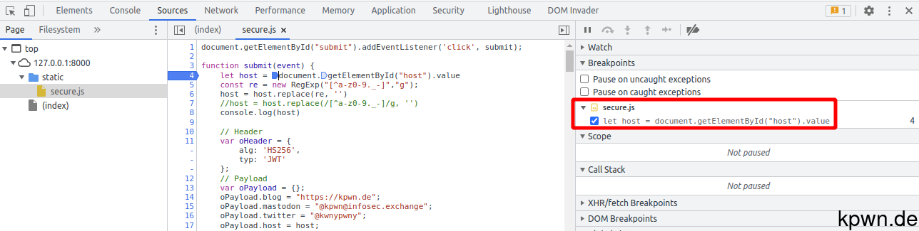 Screenshot of the developer tools, showing the registered breakpoint.