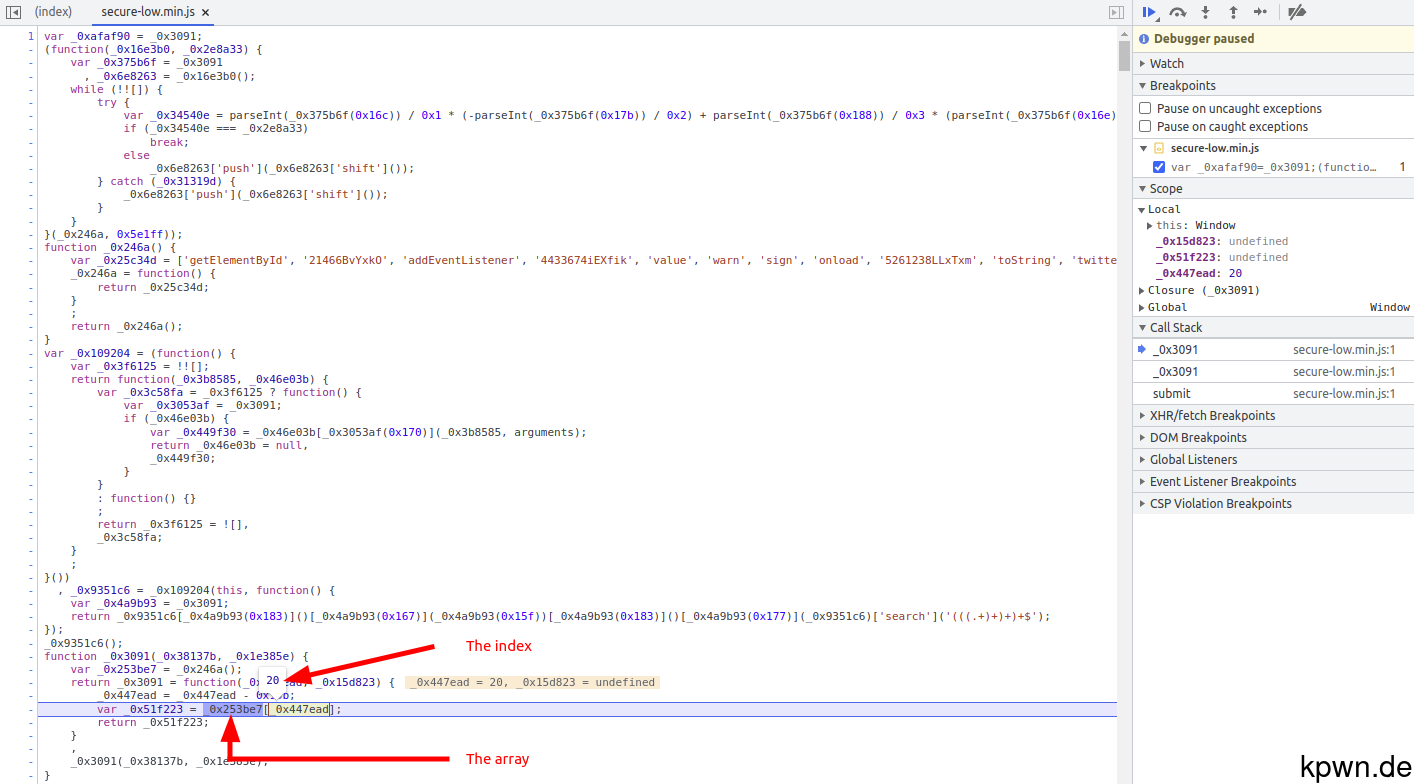 A variable in the function call resolves to 20 and is used as index for the above array.