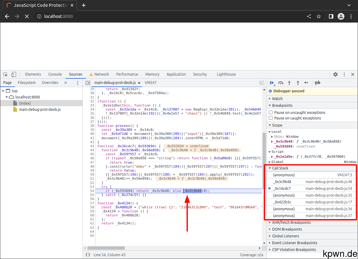 Screenshot of Chromium developer tools, highlighting the call stack on the right of the screen.