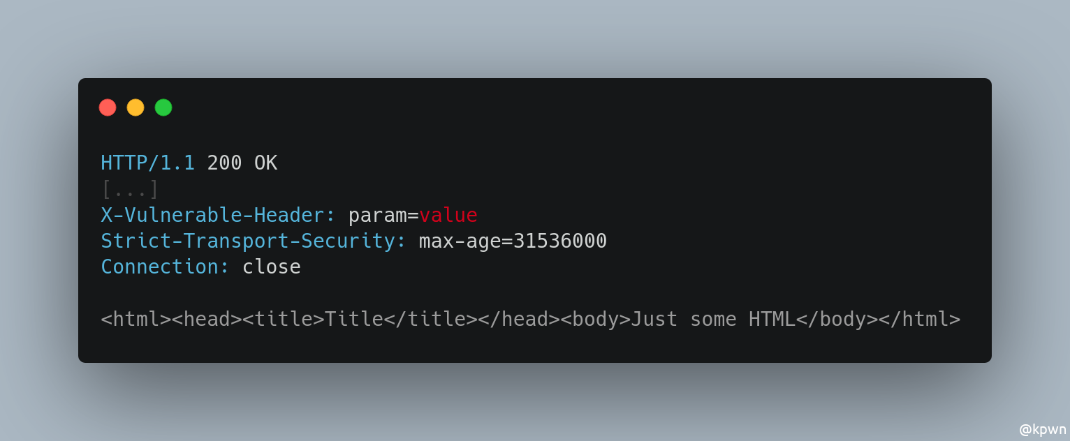 The response of the server contains the header X-Vulnerable-Header: param=value. The value is reflected from the query parameter in the URL. After that header is the regular Strict-Transport-Security header. The body contains some HTML.