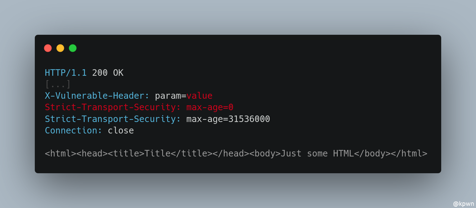 After the X-Vulnerable-Header there is now the injected Strict-Transport-Security header with max-age=0. It precedes the regular Strict-Transport-Security header, which is invalidated by the injected one.
