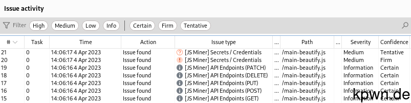 The Issue dashboard of Burp Suite showing findings from JS Miner. Several endpoints along with secrets are detected in the JavaScript file.