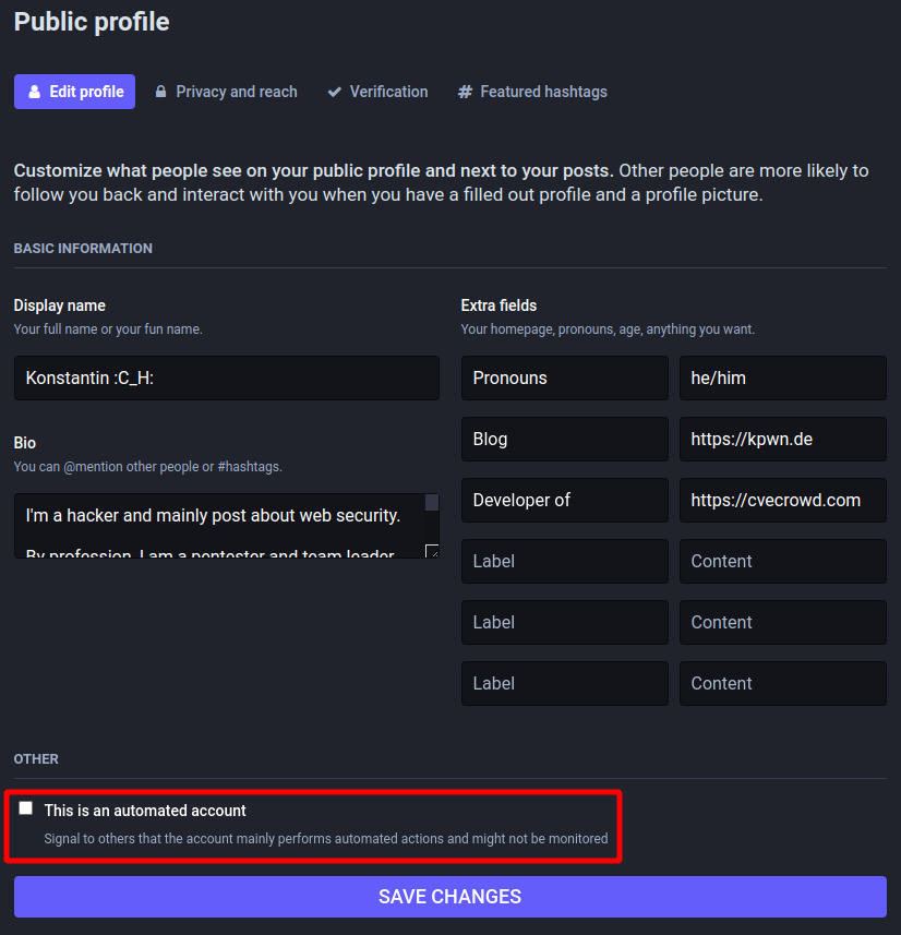 Screenshot of the Public profile settings, sub-item Edit profile: This is an automated account represents the bot attribute.