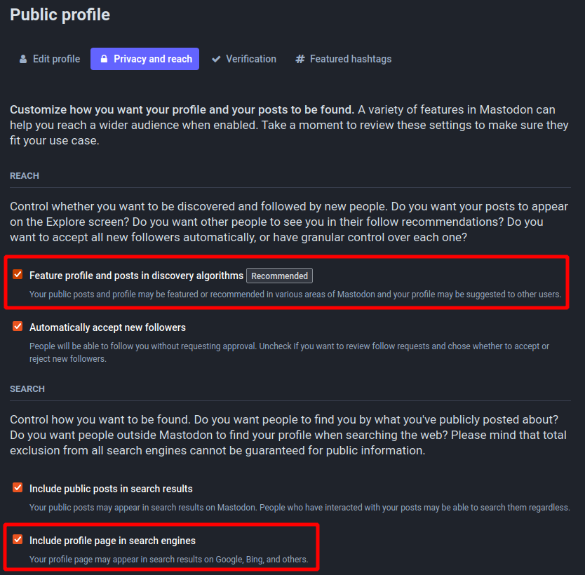 Screenshot of the Public profile settings, sub-item Privacy and reach: Feature profile and posts in discovery algorithms represents the discoverable attribute. Include profile page in search engines represents the (negated) noindex attribute.