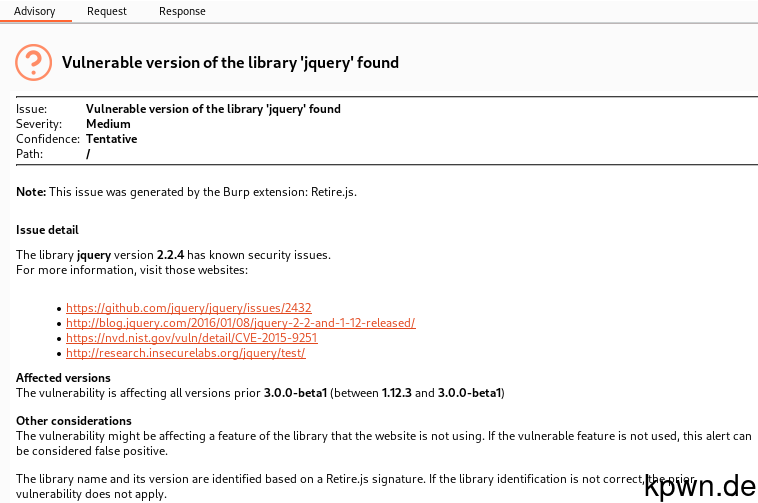 The issue's details in Burp suite shows that jQuery 2.2.4 was detected and has known vulnerabilities like CVE-2015-9251.
