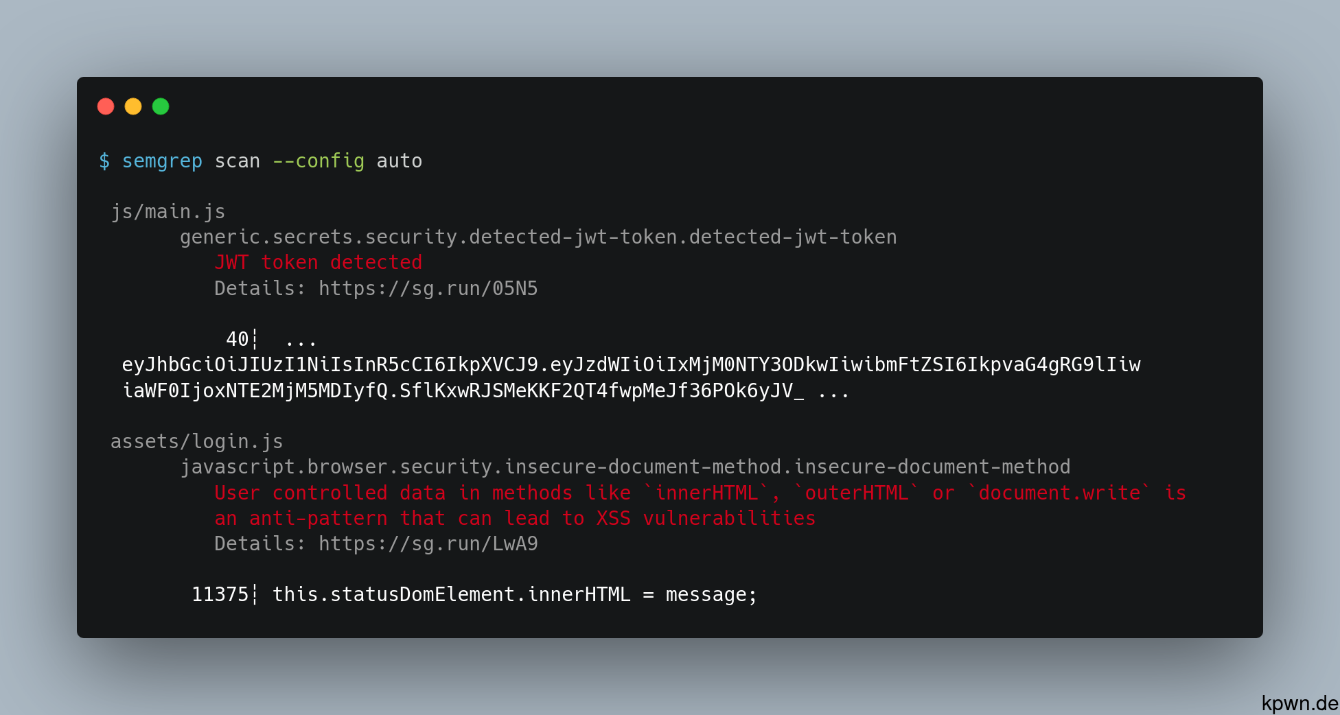 Exemplary call: semgrep scan --config auto returns a detected JWT and an innerHTML function in the JavaScript files.