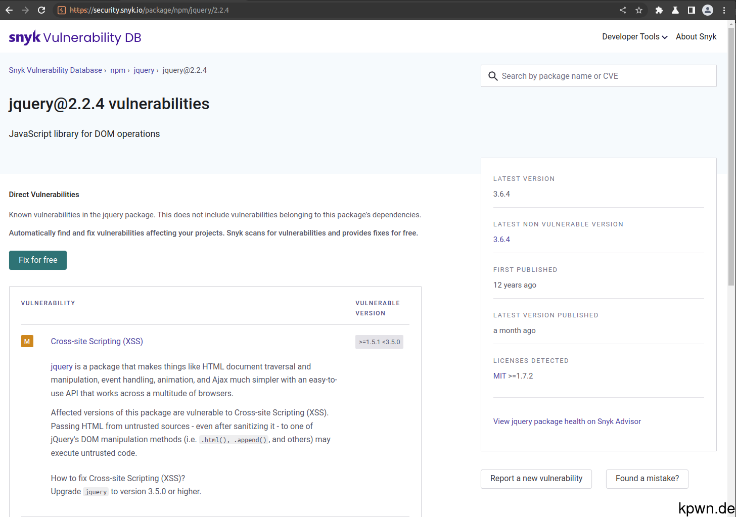 The page https://security.snyk.io/package/npm/jquery/2.2.4 shows that there is a Cross-site Scripting (XSS) vulnerability in jQuery 2.2.4.